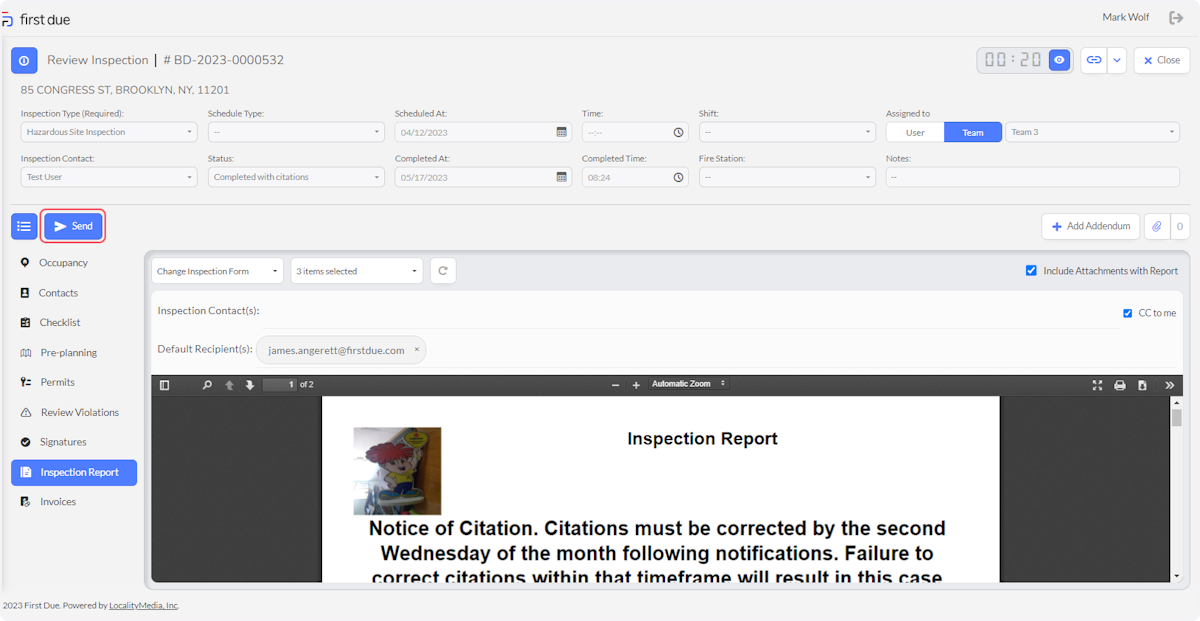 Click on Send to send the report via email.