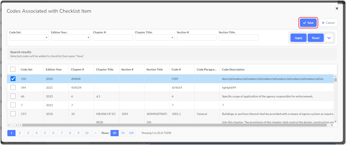 After selecting the appropriate code(s), click on Save.