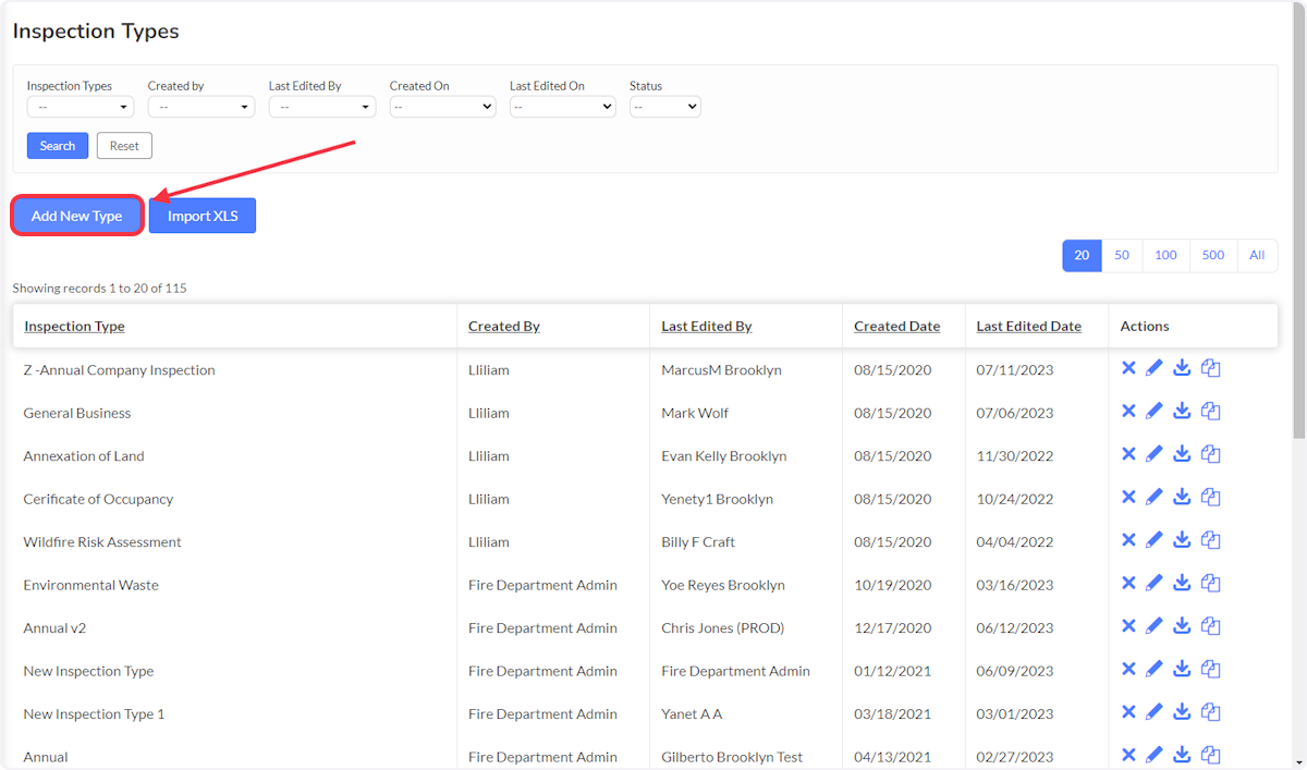 To create a new Inspection Type and Checklist, click on Add New Type.