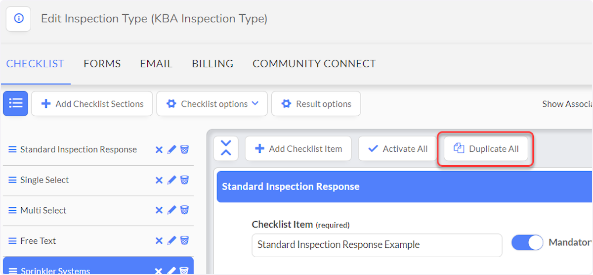 Duplicate all - Duplicates all Checklist Items in the selected section.