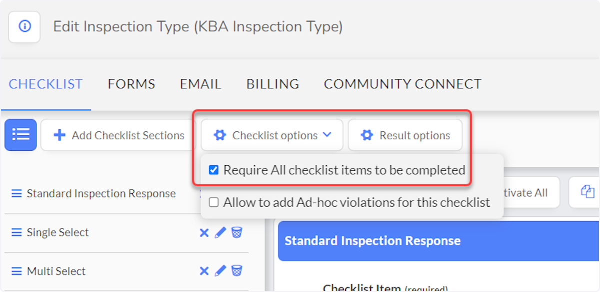 Checklist option - Set Check Require All checklist items to be completed.