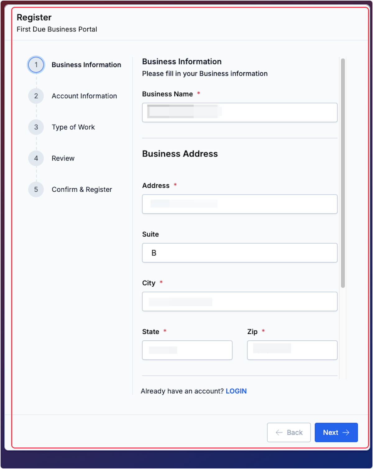 Enter the Business Information.