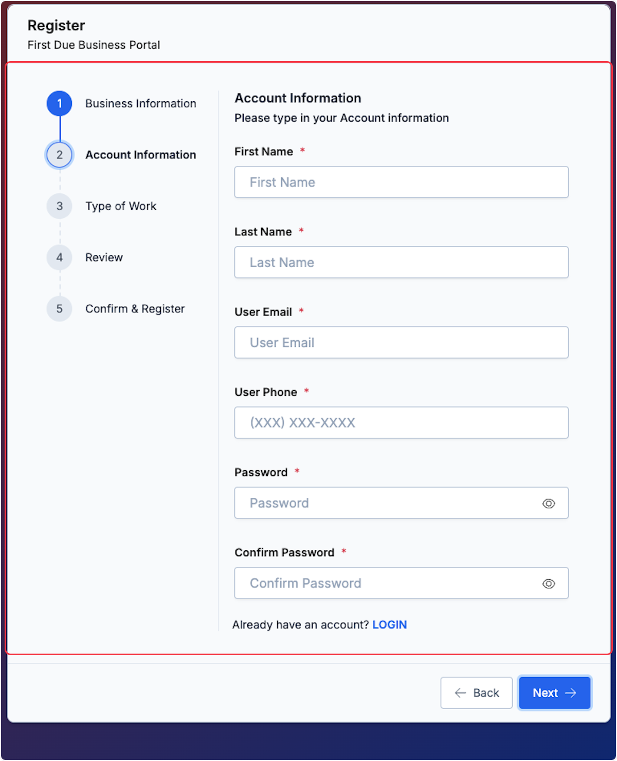 Account Information will need to be filled in. 