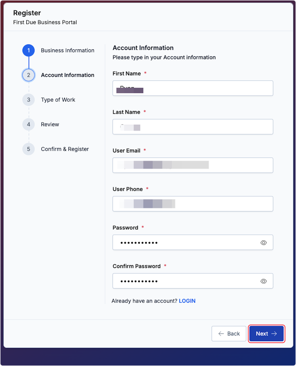 Click on Next once the information is entered.