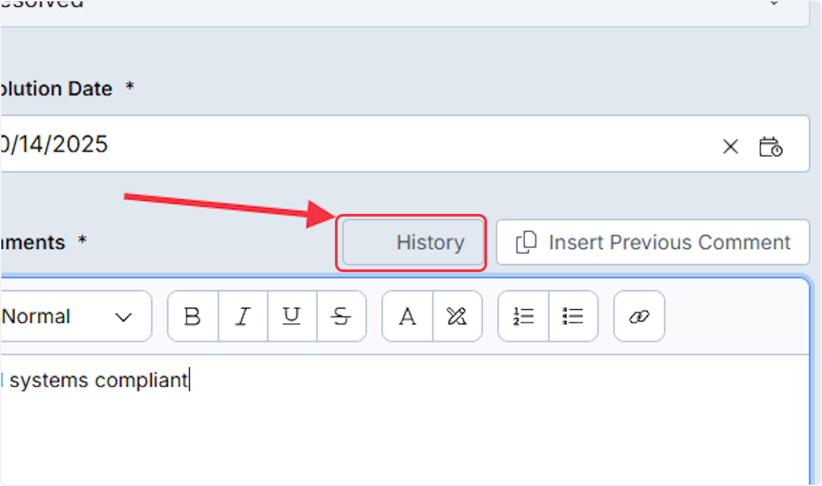 In the Update Status modal, click the History button.