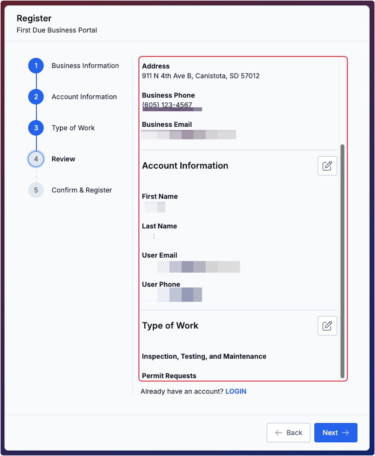 Be sure to scroll down to review Account Information and Type of Work.