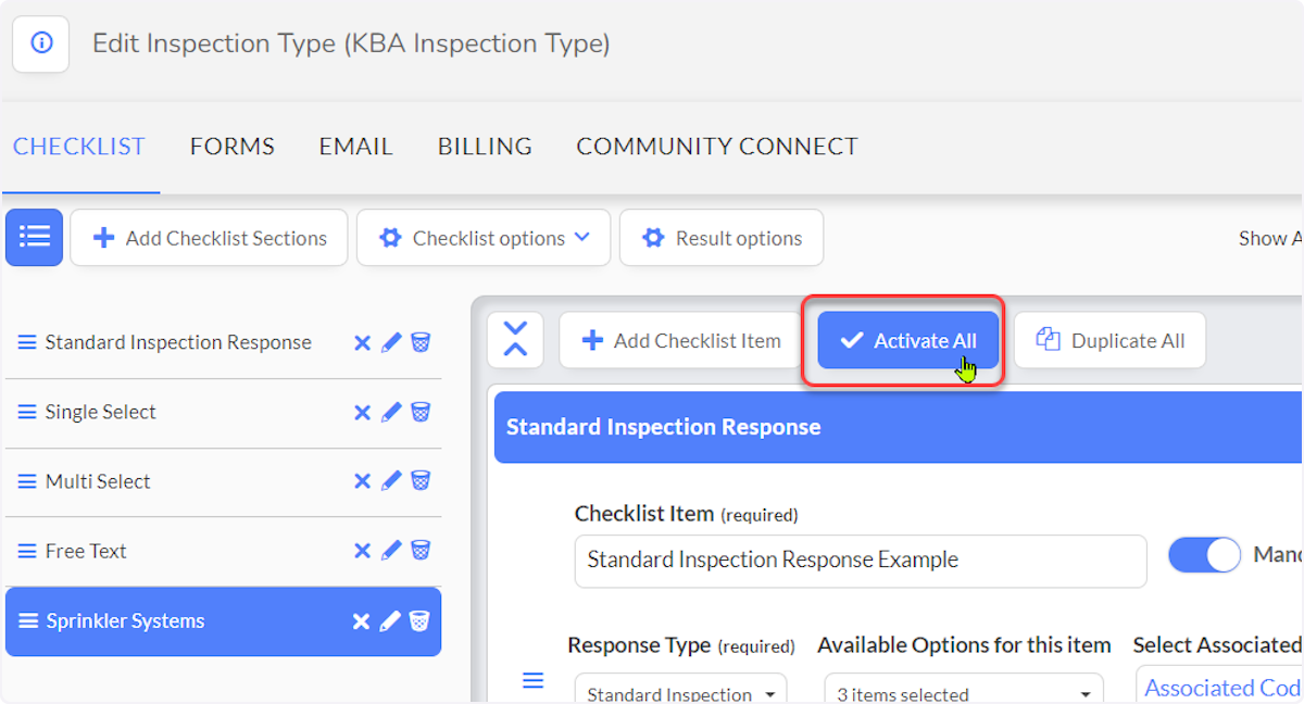 Activate All - Activates all Checklist Items in the selected section.