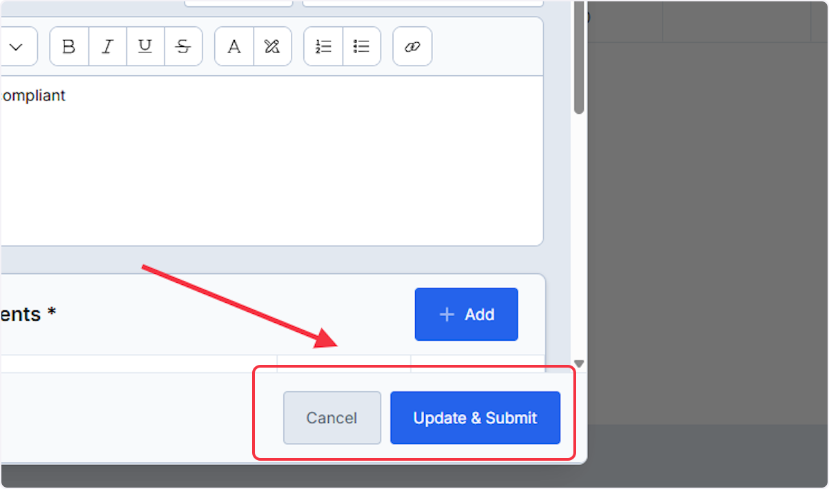 After editing your comment to reflect current system status or repairs

Update any other required fields in the Update Status modal or Cancel to ignore any changes.

Click Submit to save your changes and update the system status


