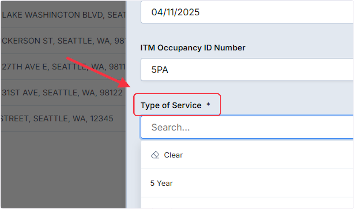 Select Type of Service from the dropdown
This list is developed by the AHJ based. 