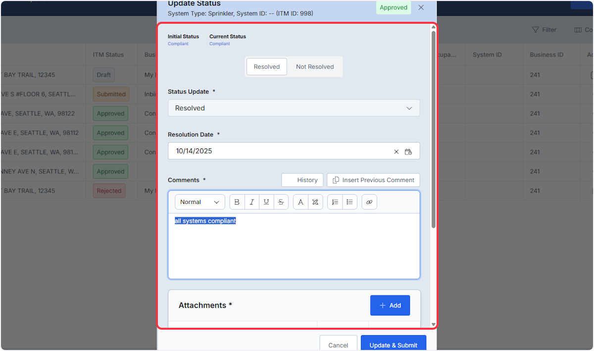 Edit the inserted comment as needed to reflect current status, repairs completed, or updated information.
