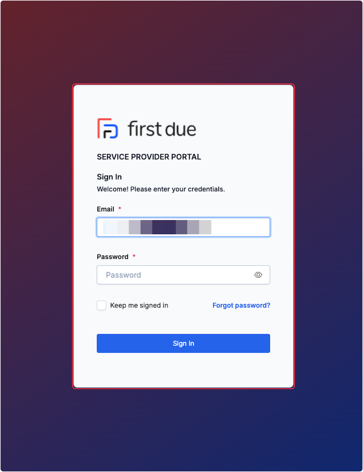 Enter your Email and Password to sign in to the Service Provider Portal.