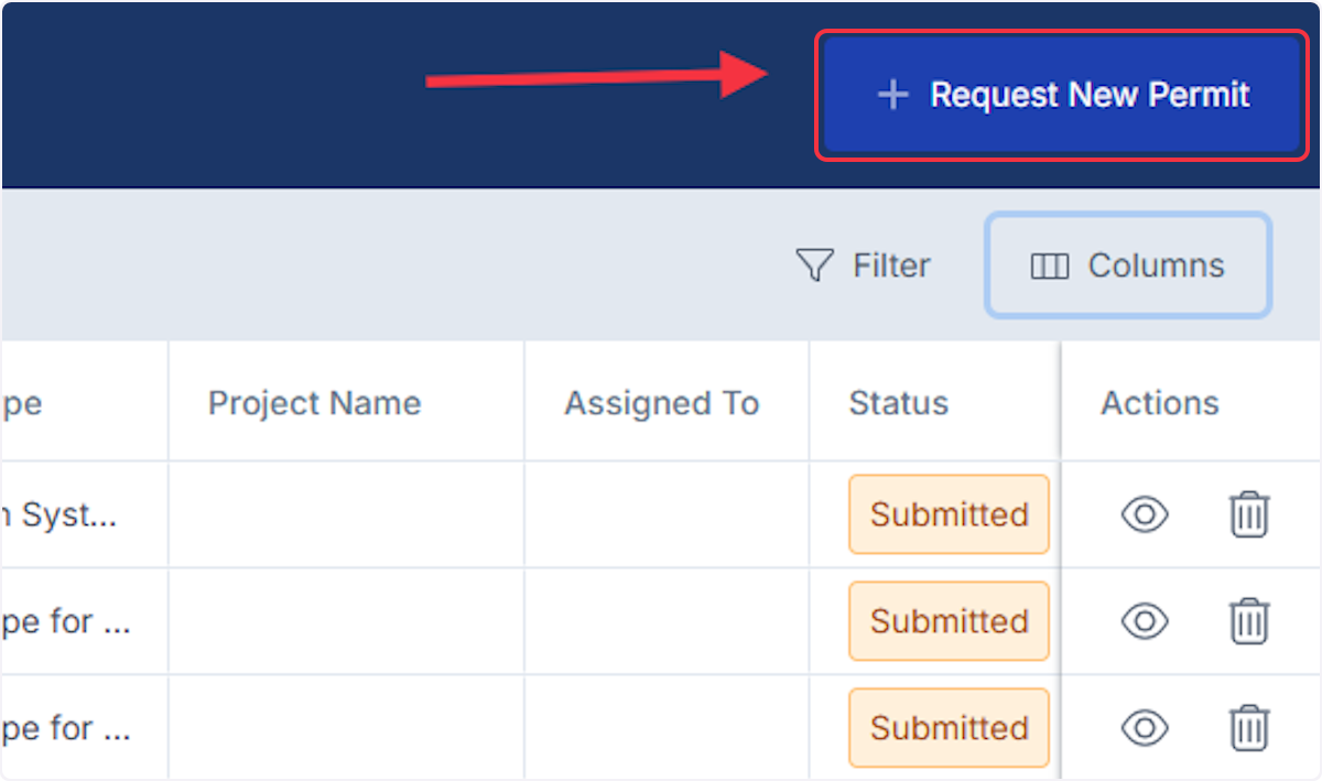 Click on Request New Permit to start a new permit request.