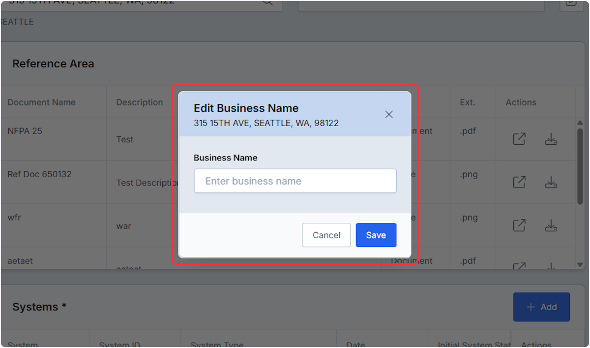 New Modal will open giving you ability to add a Business name for a location that does not have one or is outdated. 