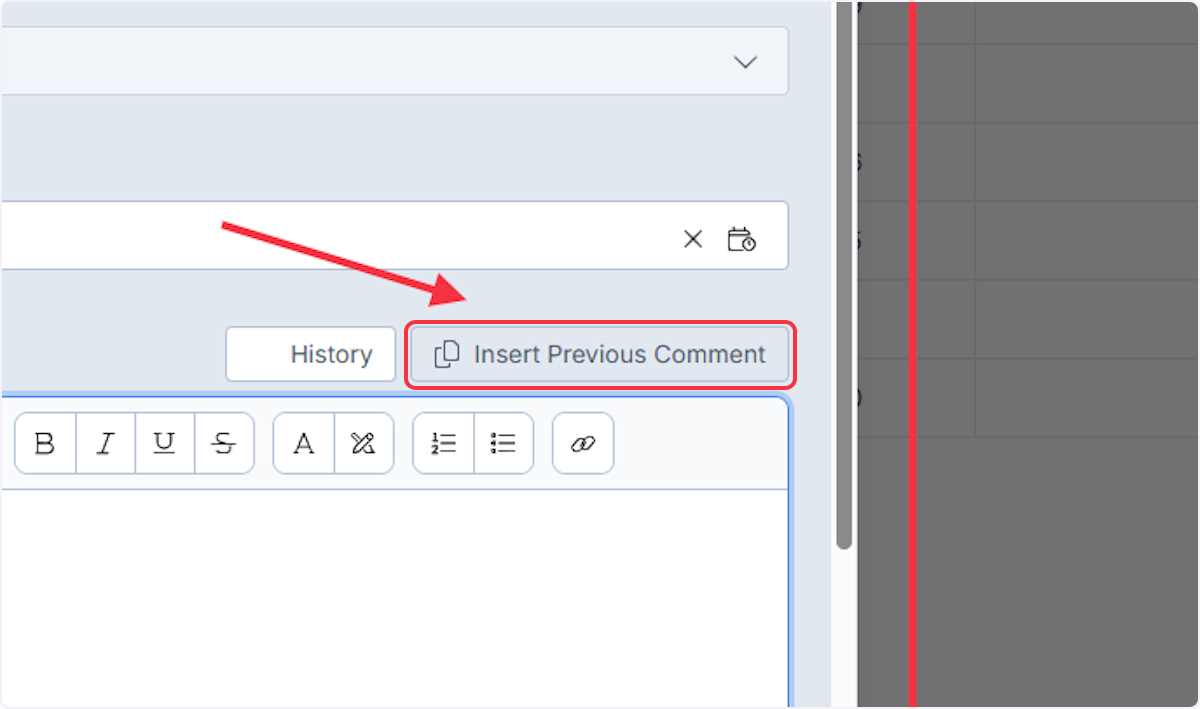 In the Update Status modal, locate the Insert Previous Comment button.