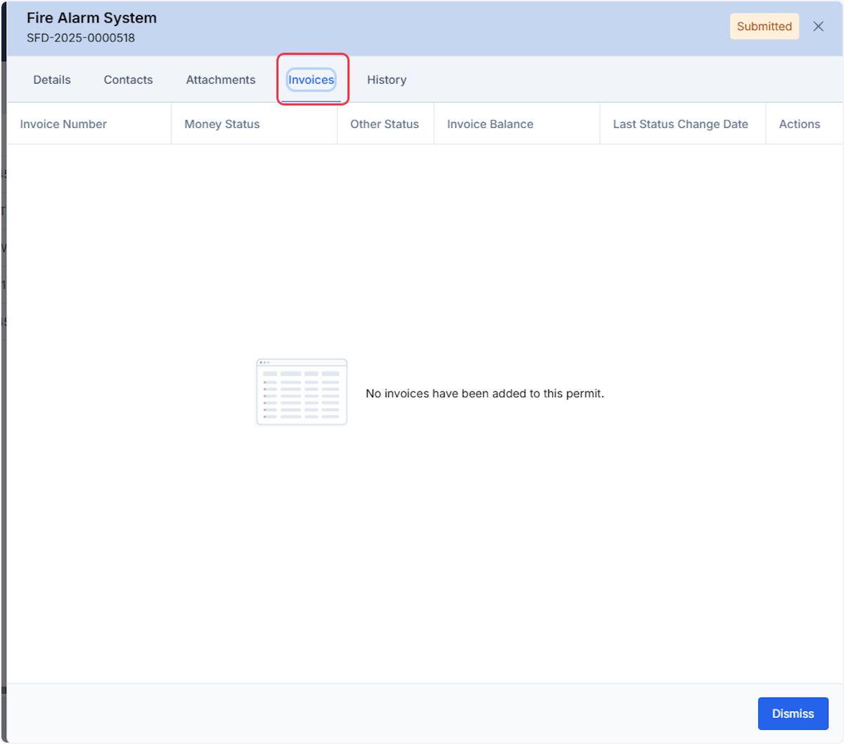 Invoice tab would include any Invoices associated with this permit request.