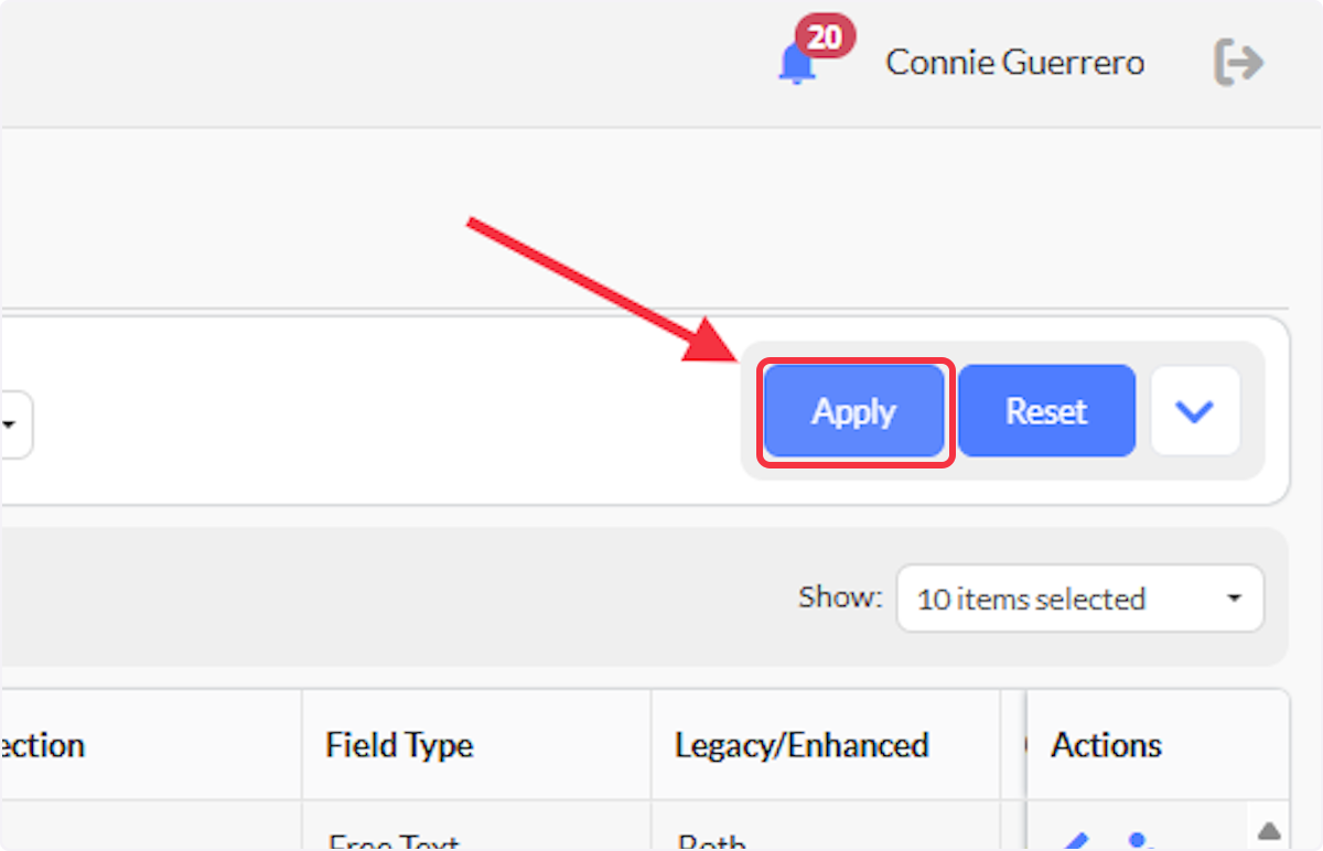 Click on Apply to filter the list down to the selected Field Names.