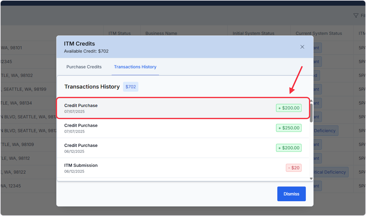 Here we can see the Transaction History for both the purchase of credits as well as the usage of credits with ITM Submissions.  Click on any line item to be directed to a Receipt for that transaction. 