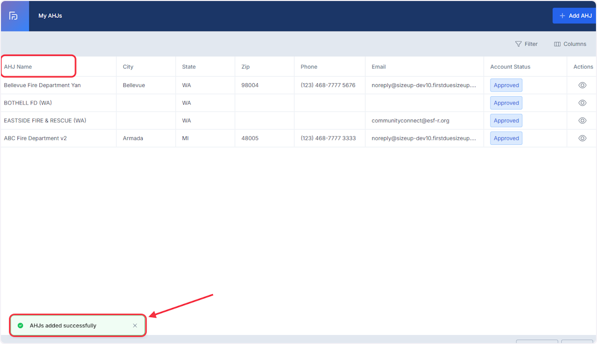 Message that AHJ was added successfully will appear and you can now view your newly added AHJ in the list. 