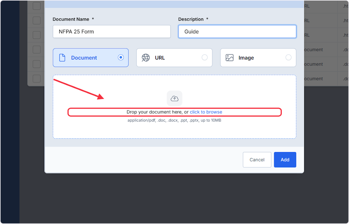 Click on Drop your document here, or click to browse to upload your reference documents.