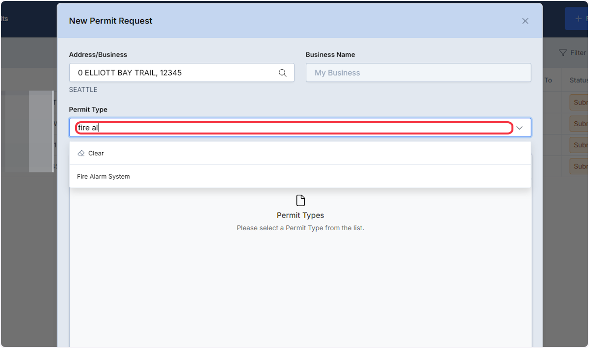 In the Permit Type dropdown, select the type of permit you're applying for (only permit types enabled by your AHJ will appear) 