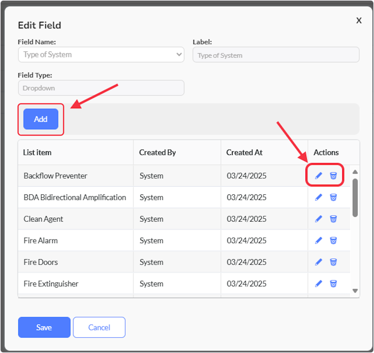 We are able to Add new types of Systems as well as edit or delete existing options. 