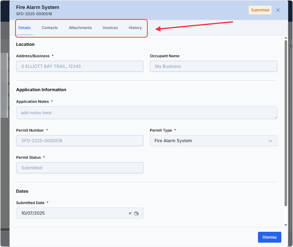 This opens up new modal with five subsections with Permit Detail.
Detail tabs includes Location, Application Information and Dates.