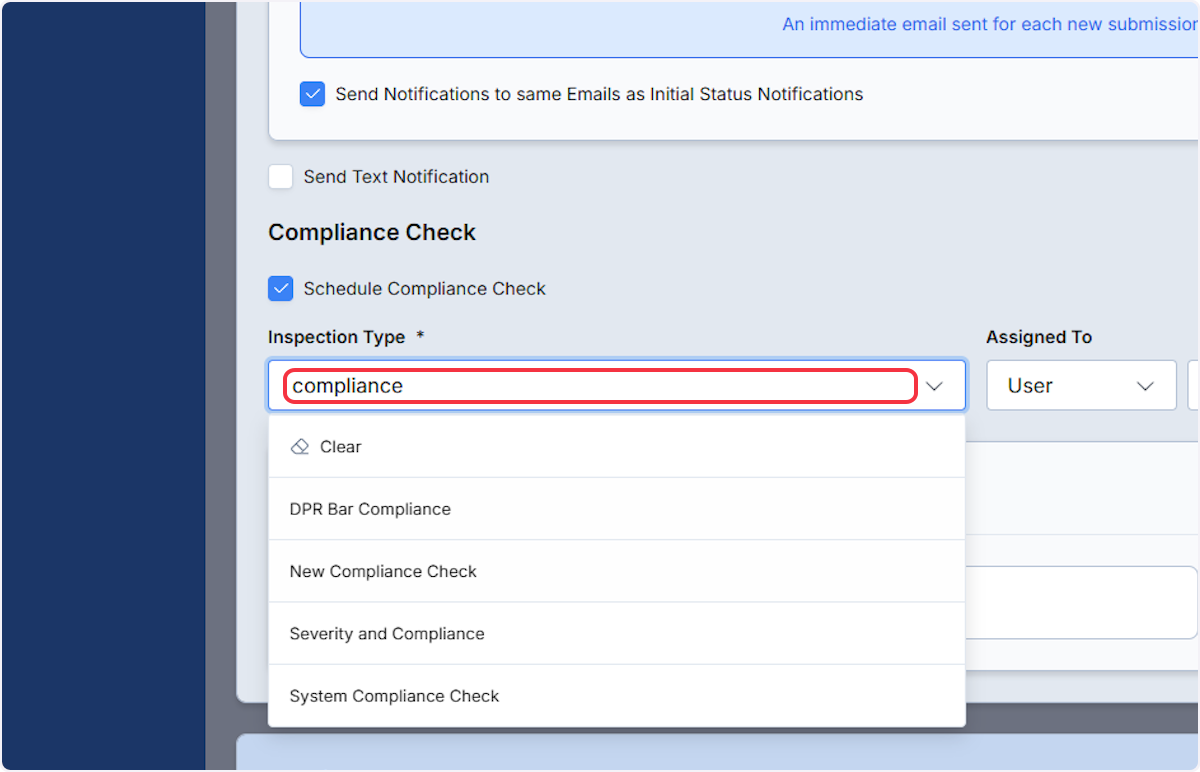 Select the Inspection Type. 