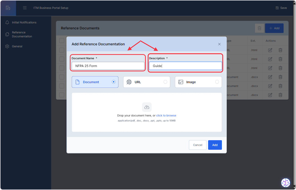 Required fields include Document Name and Description.