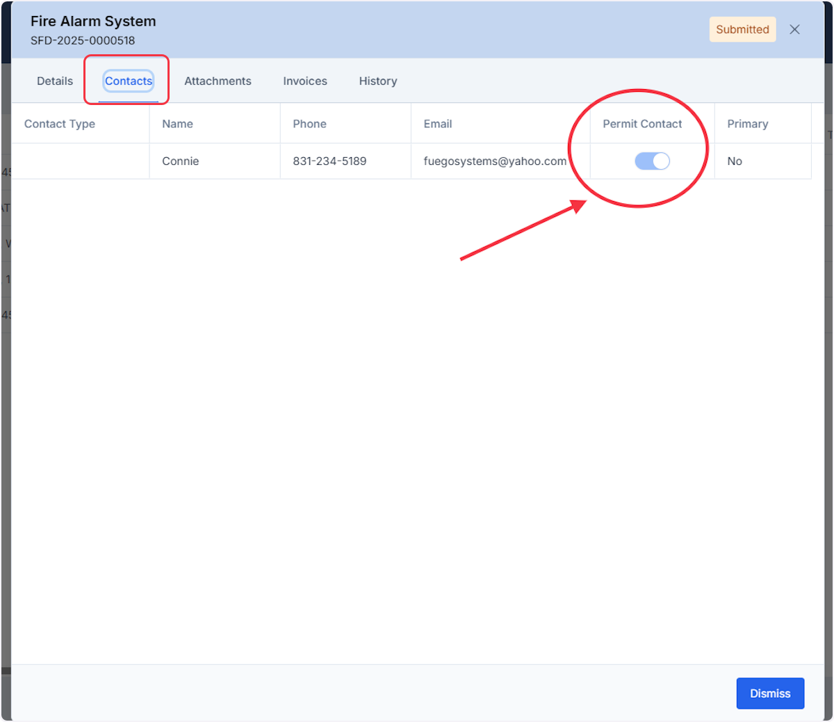 Contacts tab includes any associated contacts for this Property location as well as denotation of Permit Contact.