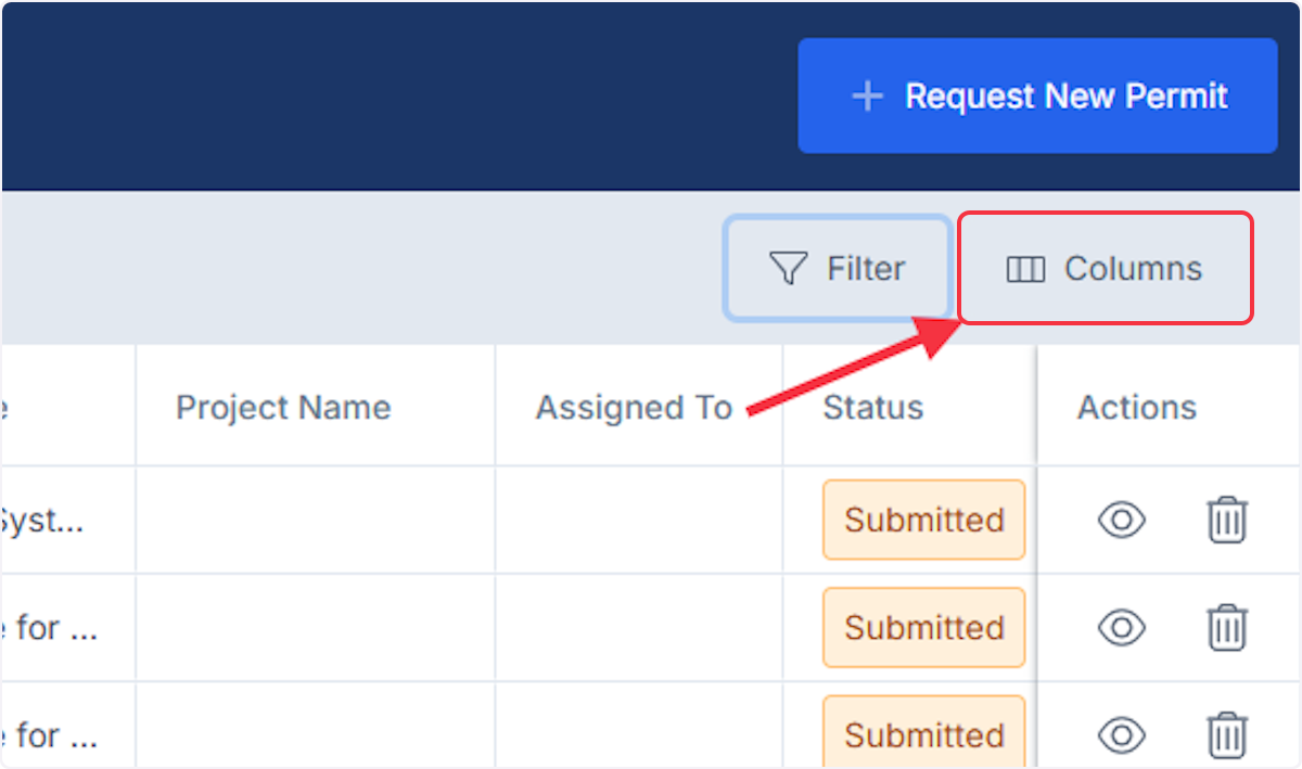 Click on Columns to further customize the list of permits. 