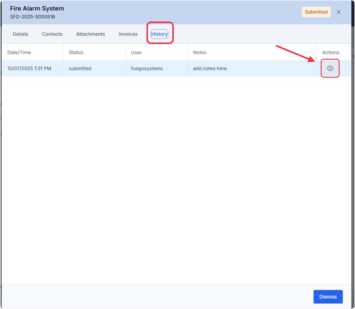 History tab includes any current and past Permit request. Click on eye icon to view additional details. 