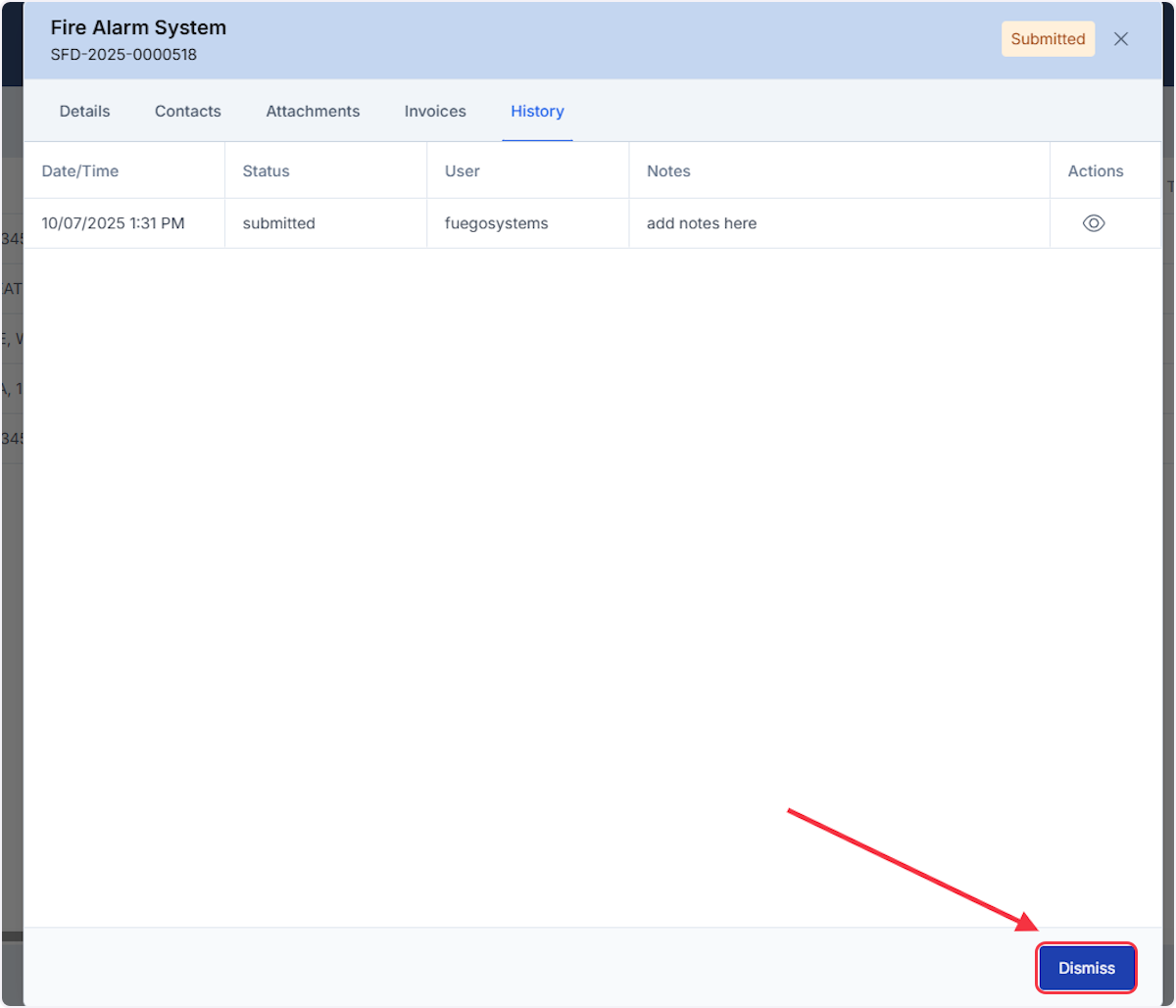 Click on Dismiss once more to exit the Permit Details and back to the Permit List. 