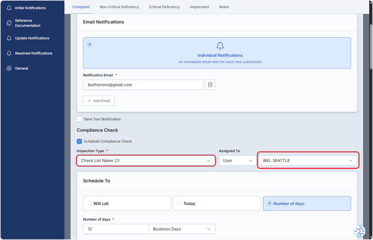 You can select a specific Inspection Type as well as assign to an individual user or a team. 
