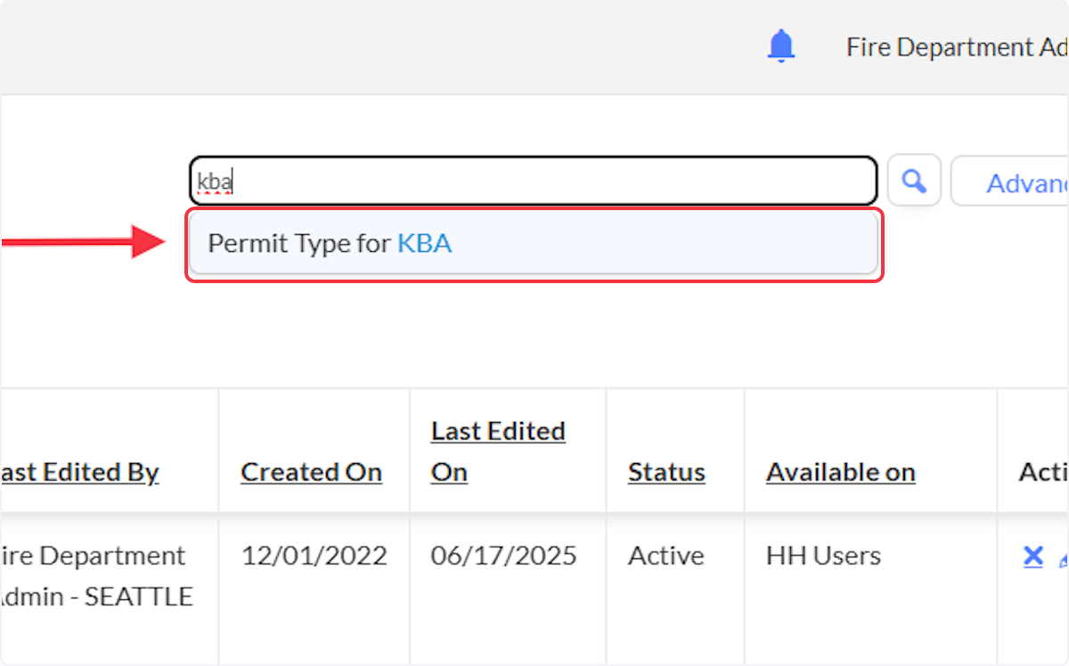 Utilizing global search locate the Permit Type you wish to update notifications for.
