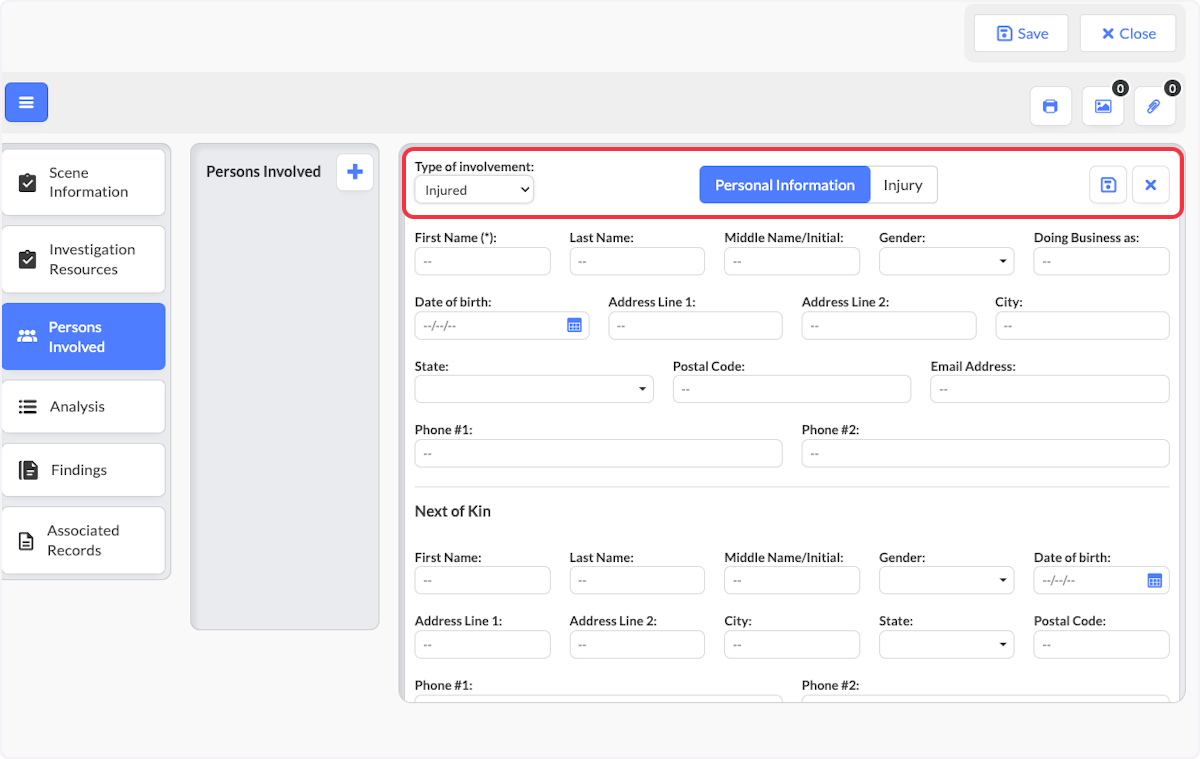 Injured will only show Personal Information and Injury.  Fill in Personal Information as appropriate.