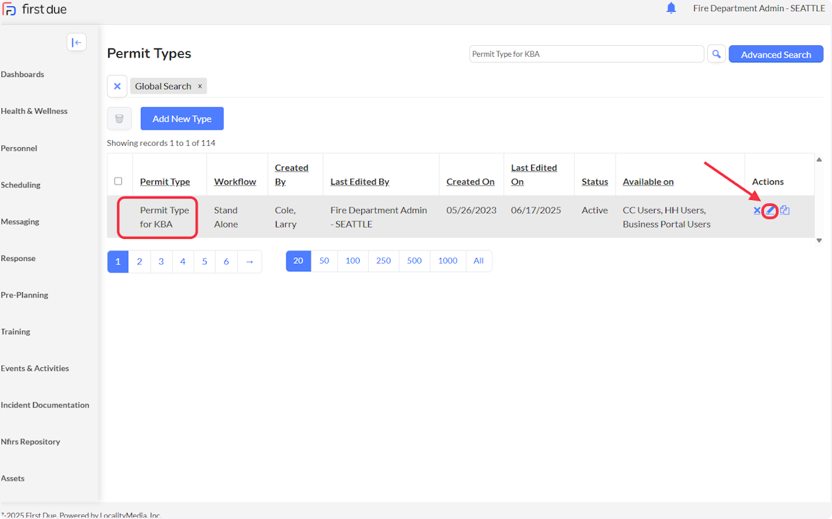Once you locate Permit select pencil icon in the Actions area. 