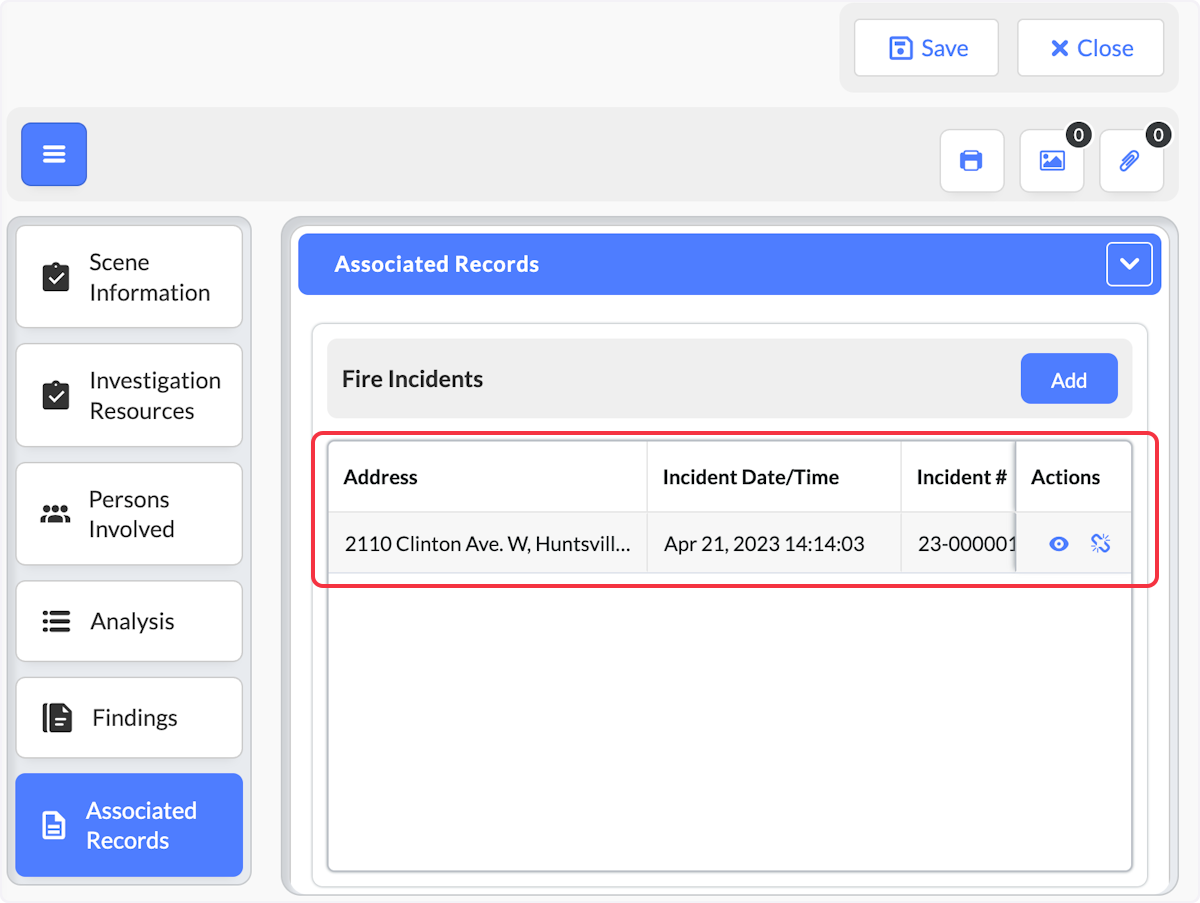 Now your associated record is added to the Investigation Record.