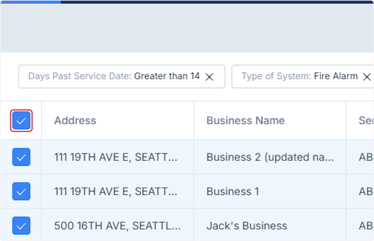 Bulk Select the rows you wish to send an Inspection Reminder to. 