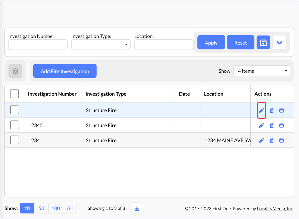 Select the Edit action in the Actions column next to the Investigation that you would like to edit.