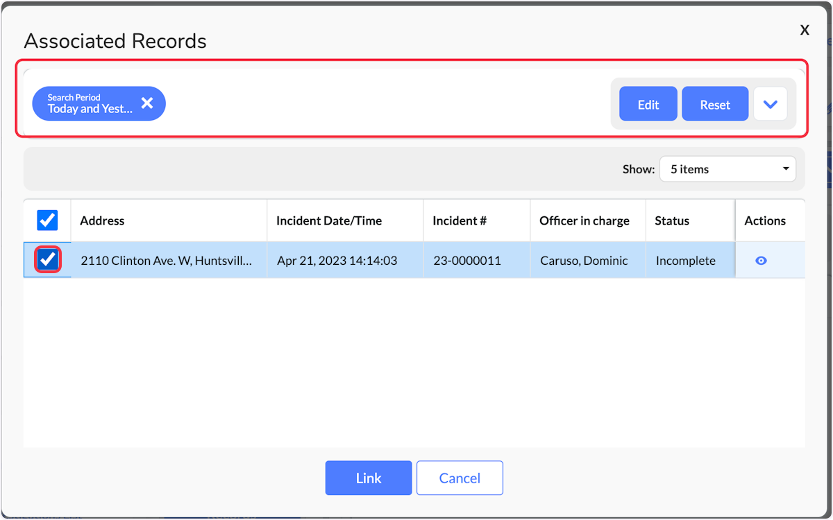 Apply Advanced Search as needed, search the addresses and select the address that you would like to associate with the investigation.