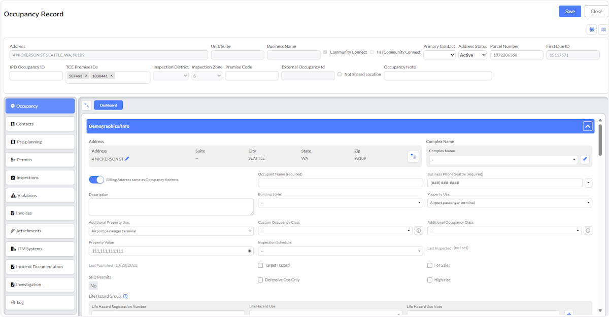 Clicking on hyperlinked address will take you directly into the Occupancy Record for that specific location. 