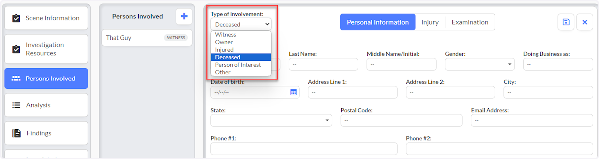 Click on Type of Involvement and select the proper Involvement.