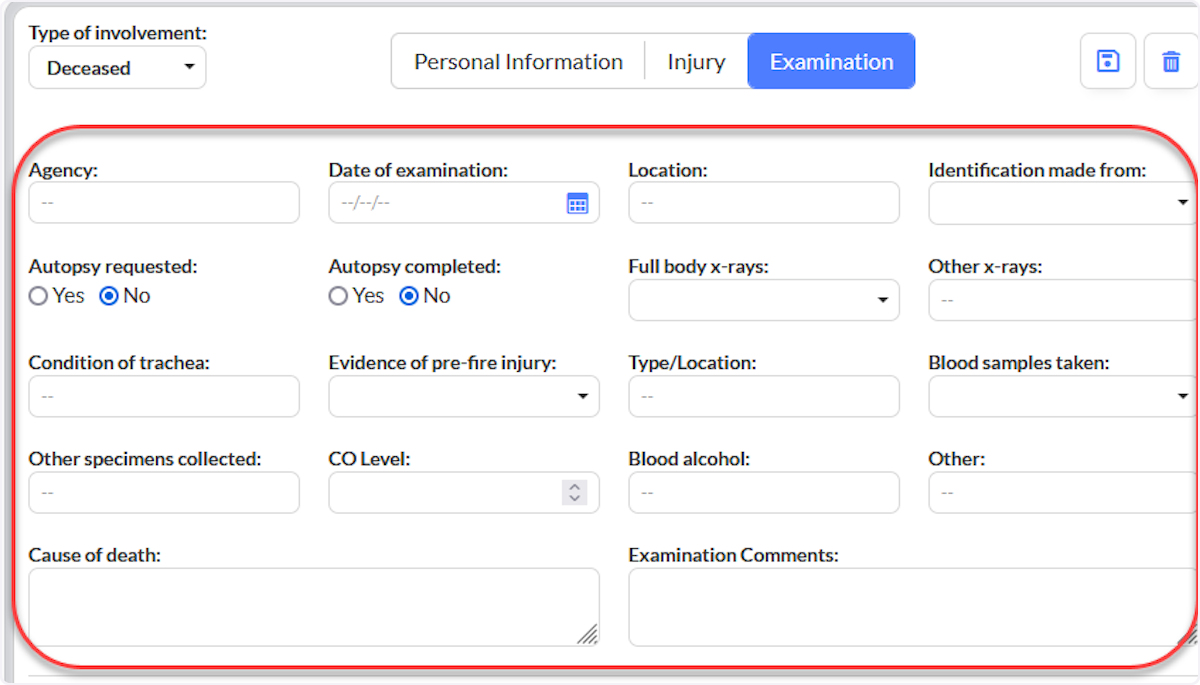 Select Examination and fill in applicable information.