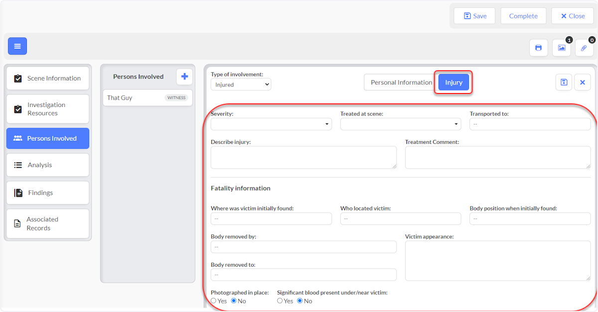 Select Injury and fill in applicable information.