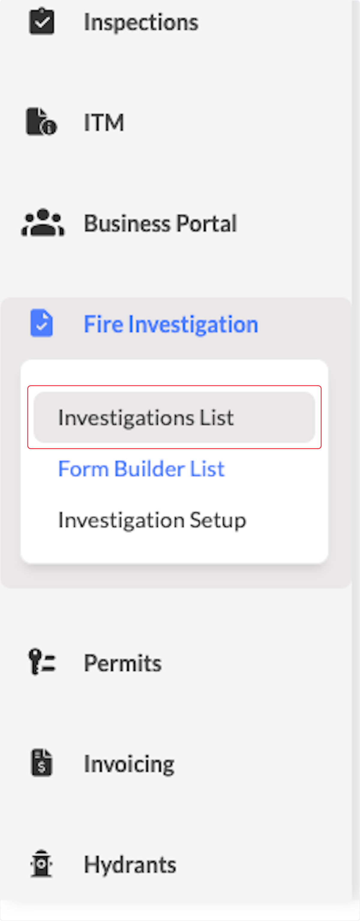 Click on Investigations List.