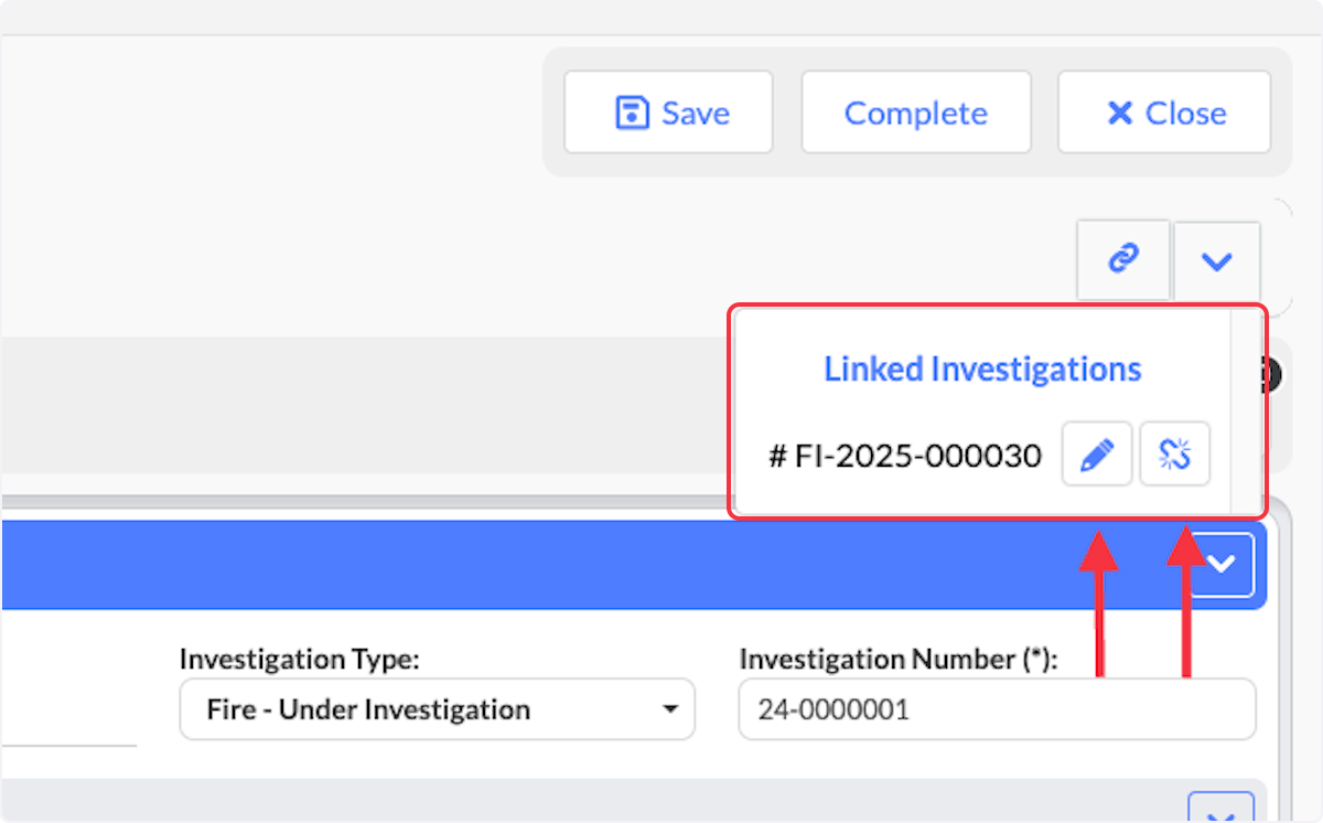 Click on the edit button if changes are needed or unlink the investigation by clicking on the link icon.