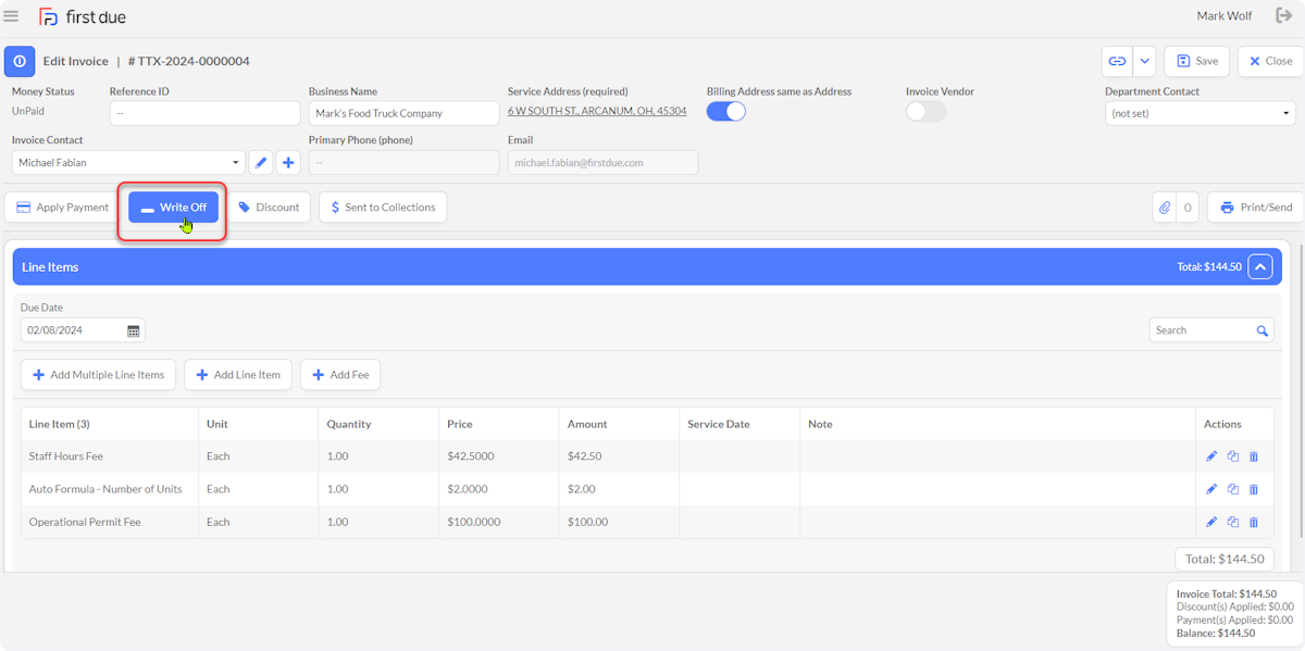 To write off the Invoice, click on Write Off.
