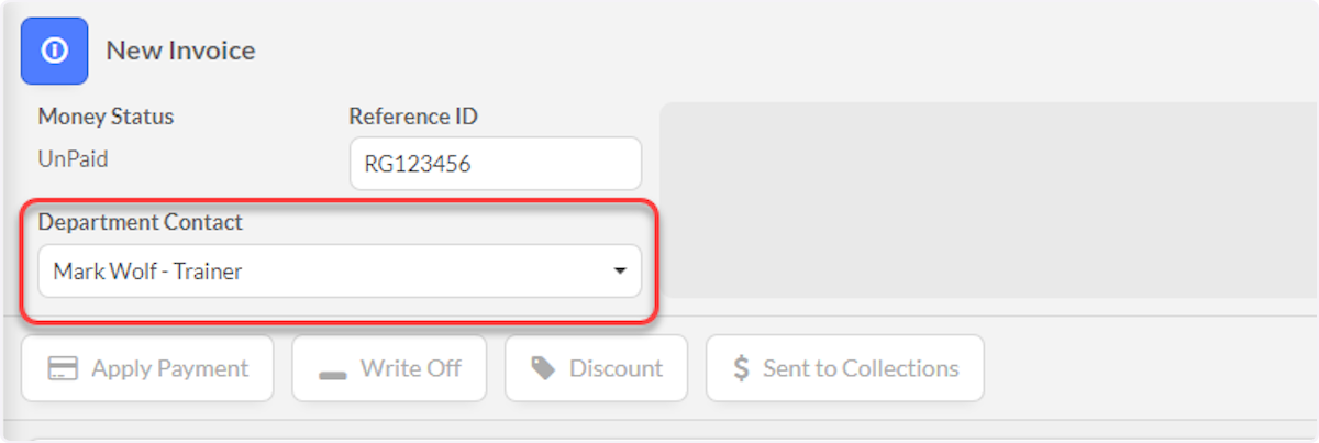 Department contact will be the signed in user, can be changed to other department member.