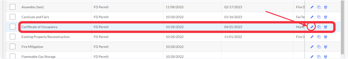 Select Edit to revise an existing Permit Form.