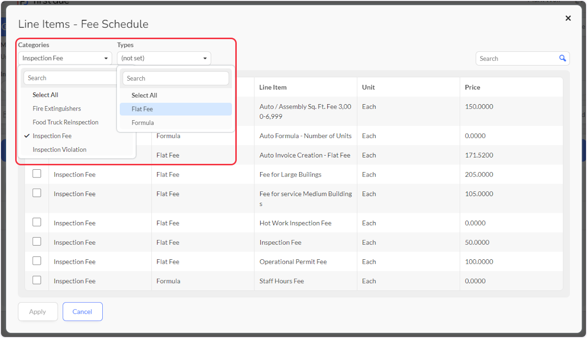 To filter the Fee Schedule list, select Categories and Types.